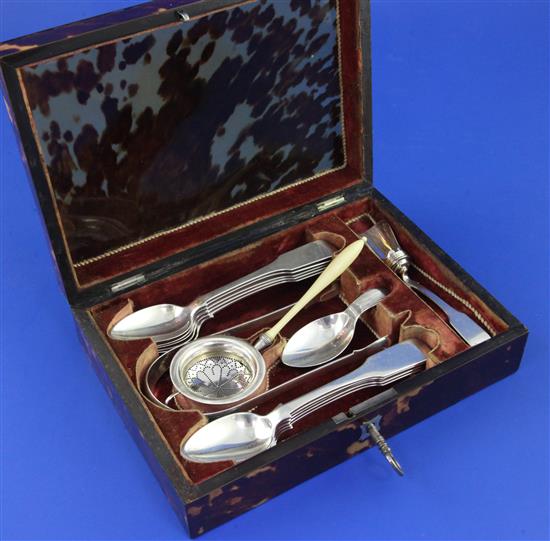 A 19th century Dutch tortoiseshell cased 833 standard silver teaware set, box